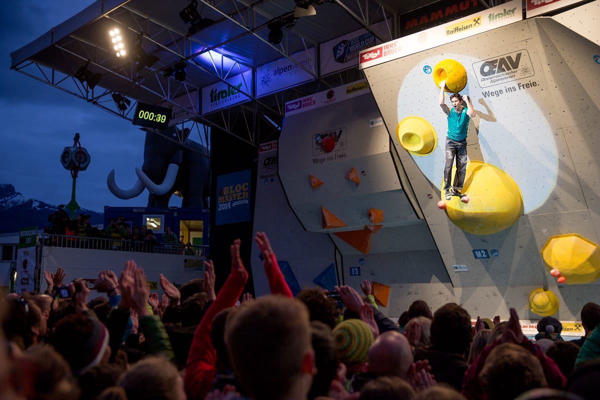 Kilian Fischhuber celebrating his last win at a Boulder World Cup in Innsbruck in 2014