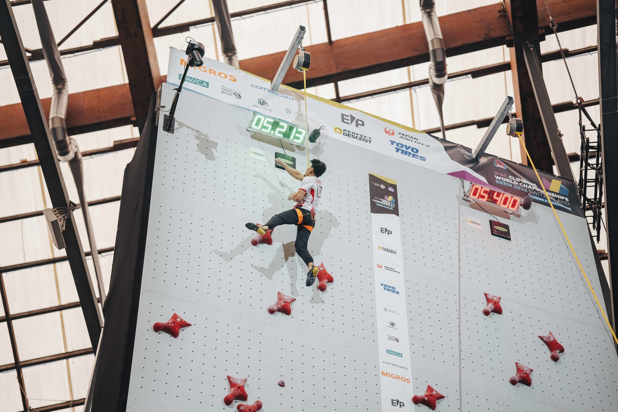Veddriq Leonardo of Indonesia competes in the men's Speed qualification during the IFSC World Championships in Bern (SUI)