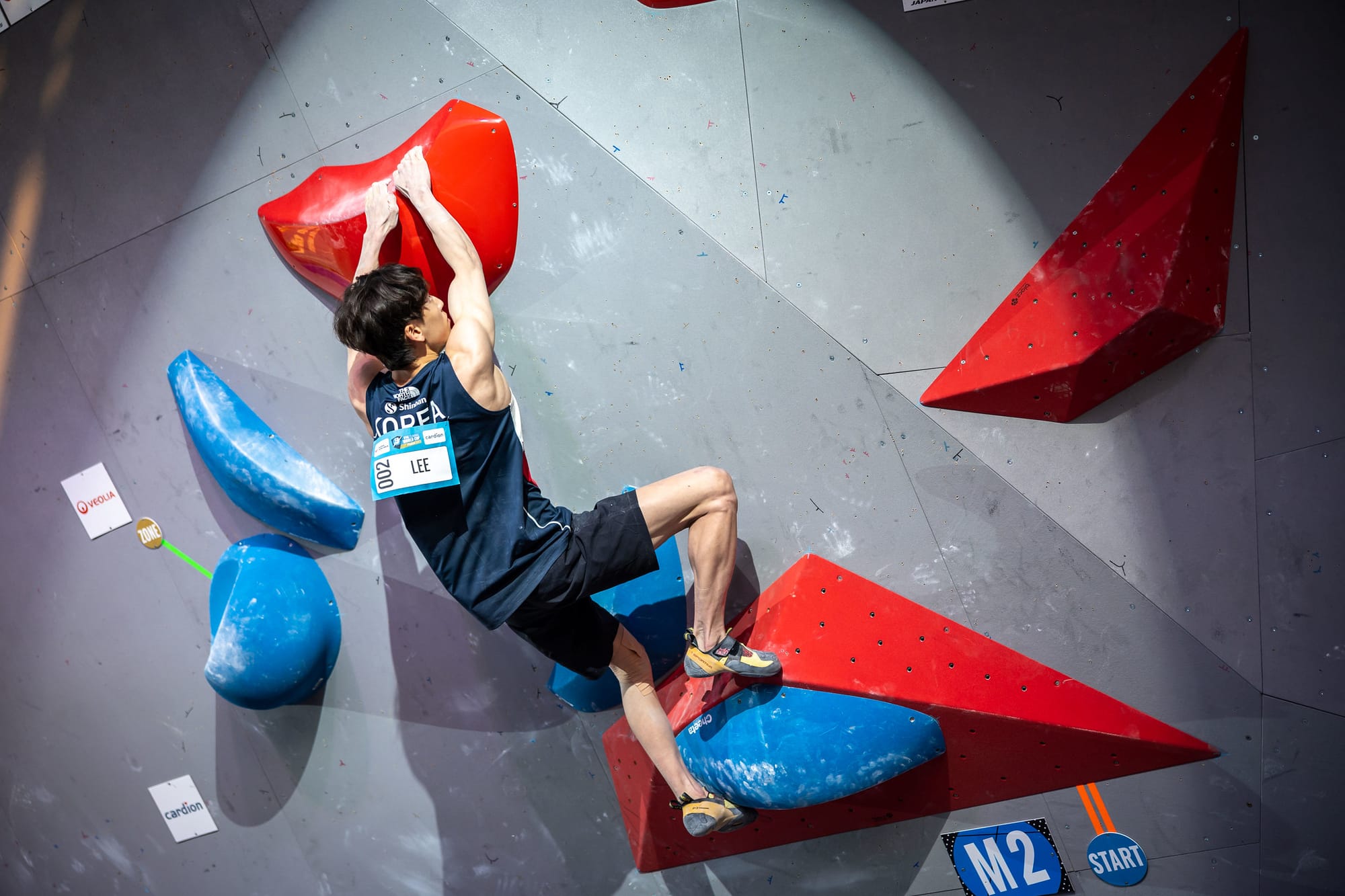 Dohyuni Lee of South Korea competes in the men's Boulder final during the 2023 IFSC World Cup in Prague, Czechia