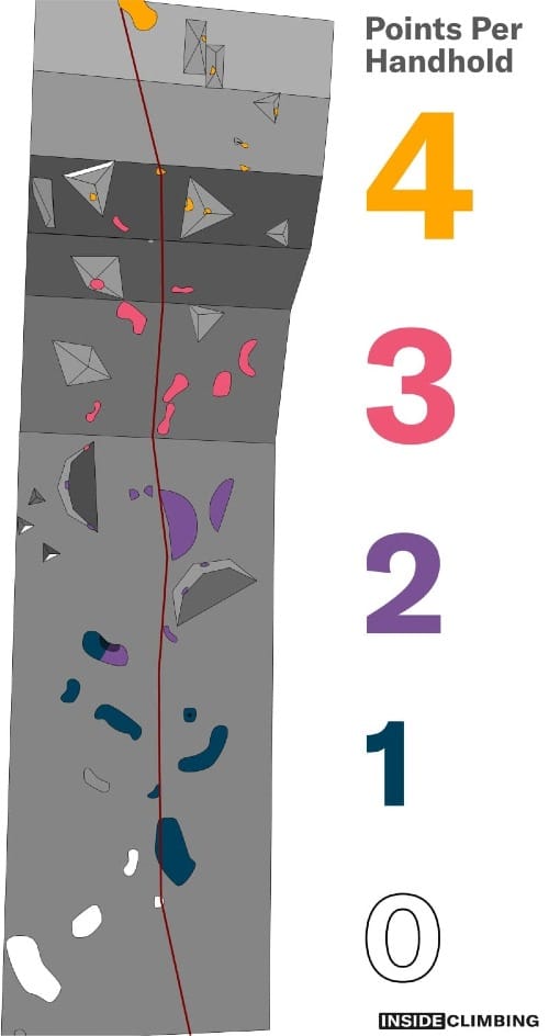 Illustration of Women's Semi-final route from the Morioka Combined World Cup. Athletes get points depening on how high they get up the route.