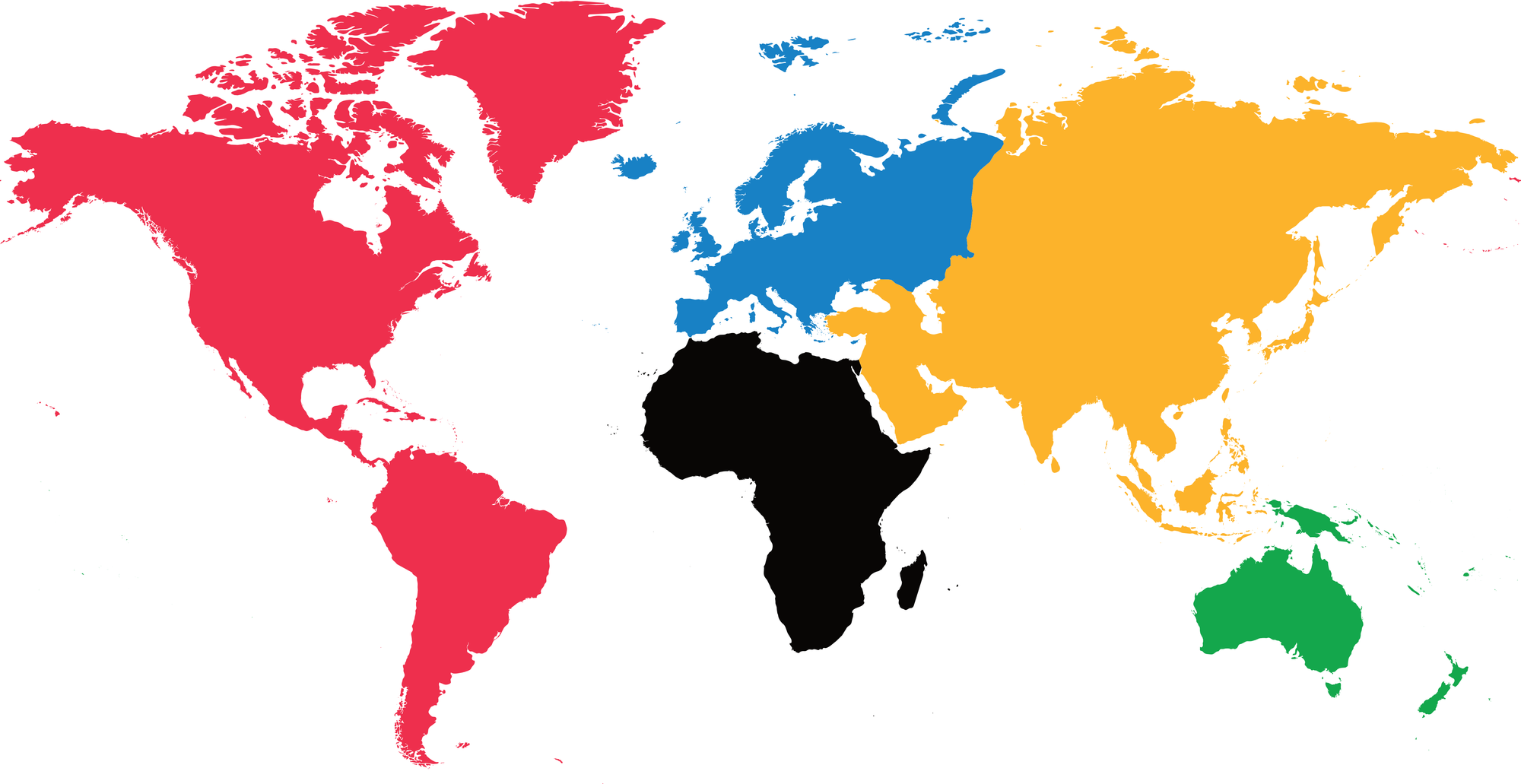 Map of the World with each continent as defined by the Olympic Committee colored to match the Olympuc Charter.     Pan America is red, Europe is blue, Asia is yellow, Africa is black and Oceania green.