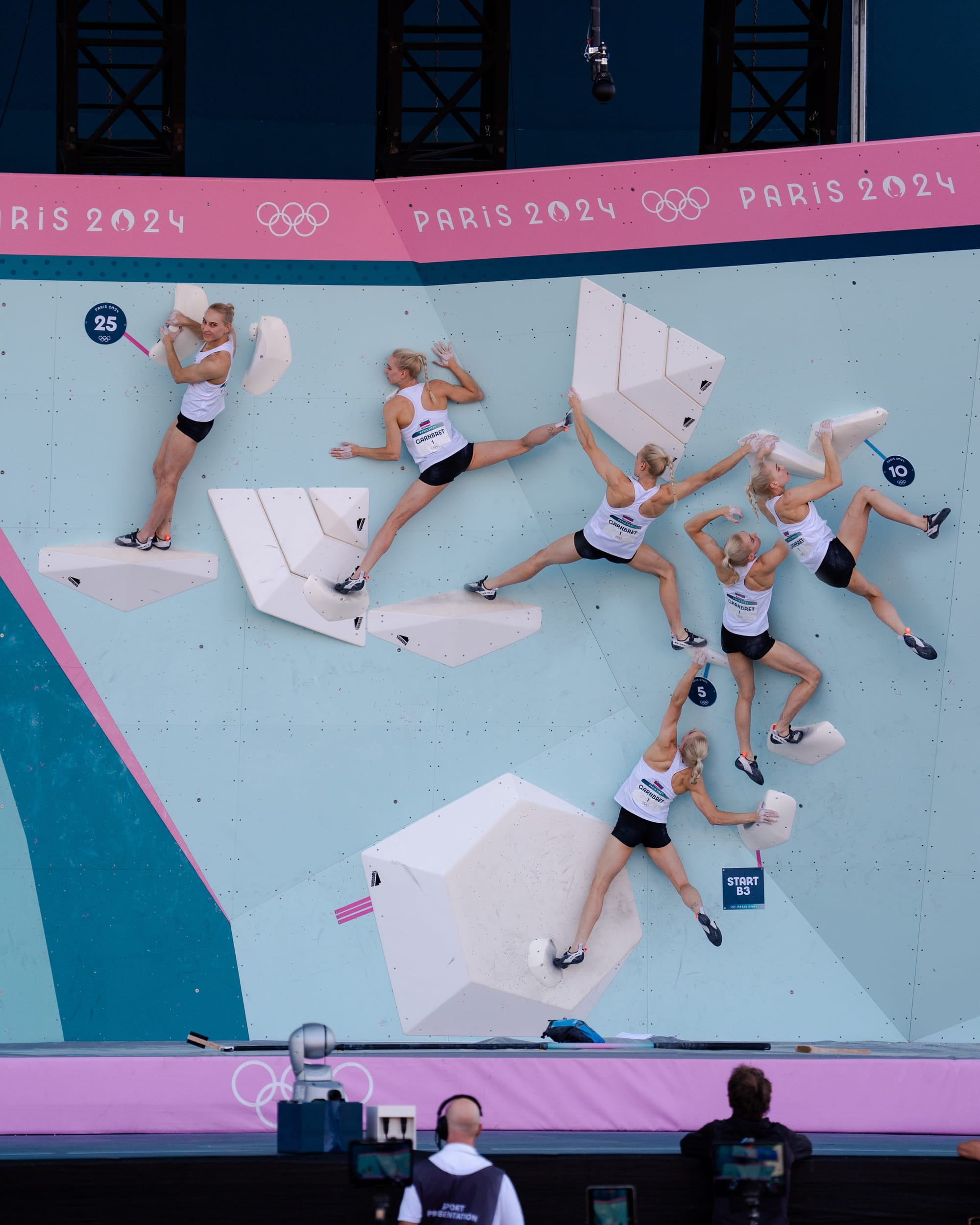 Composite of photos of Janja Garnbret on B3 of the Women's Boulder semi-final in Paris at the 2024 Olympic Games